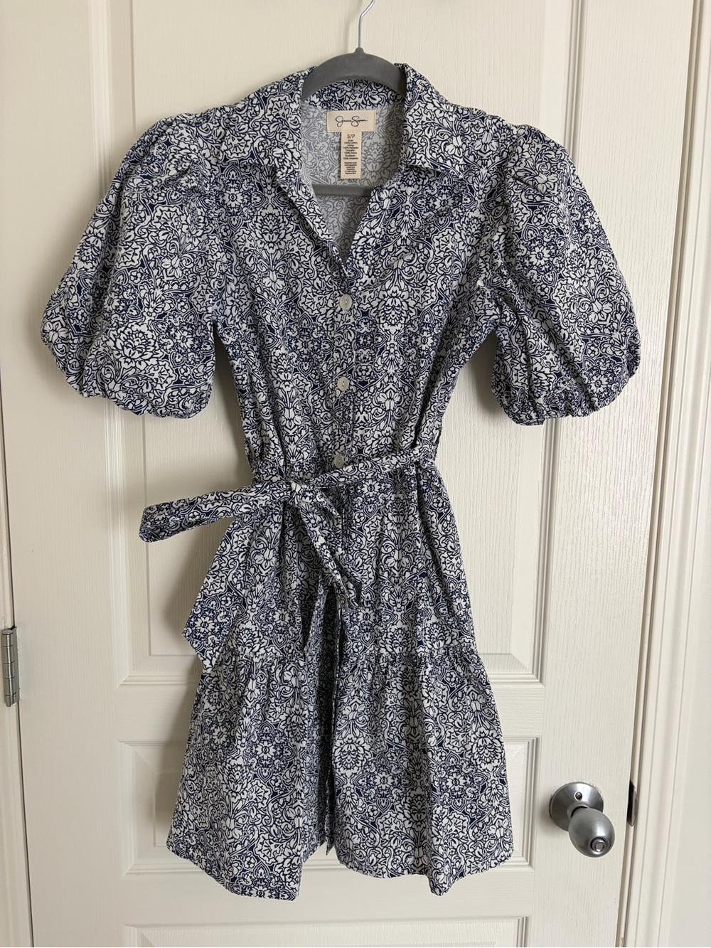 Jessica Simpson Blue & White Floral Puff Sleeve Dress - Size S